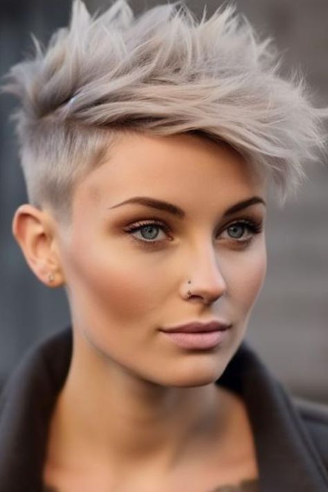 Ash Grey Short Hair, Ash Blonde Pixie Haircut, Short Blonde Hair Pixie, Medium Pixie, Blonde Undercut, Ash Blonde Hair Color Ideas, Ash Blonde Short Hair, Ash Blonde Hair Color, Pixie Haircut Ideas