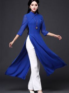 Blue tunic while pants  Blue tunic while pants Vietnamese Fashion, Arabian Dress, Stile Hijab, Linen Robe, Dresses Cotton, Chinese Style Dress, Vietnamese Dress, Qipao Cheongsam, Long Kurti Designs