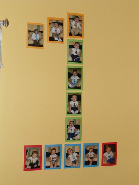 Glued monthly pictures to colored cardstock & then displayed in the shape of the #1 for first birthday party First Birthday Party Picture Display, 1st Birthday Monthly Picture Display, First Birthday Monthly Picture Display, First Birthday Picture Display, First Birthday Boy Themes Creative, Baby First Birthday Boy, Baby Birthday Party Ideas, First Birthday Boy, Elmo Birthday Party