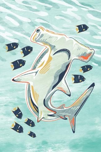 size: 18x12in Art Print: Graphic Pastel - Hammerhead Shark - Lantern Press Artwork by Lantern Press : Shark Painting, Cool Sharks, Shark Art, Hammerhead Shark, Cute Shark, Paper Wallpaper, Ap Art, Print Graphic, Art Block