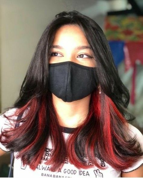 Red Hair Underneath, Halo Hair Color, Red Halo Hair, Under Hair Dye, Black And Red Hair, Underdye Hair, Half Dyed Hair, Red Hair Looks, Red Hair With Highlights