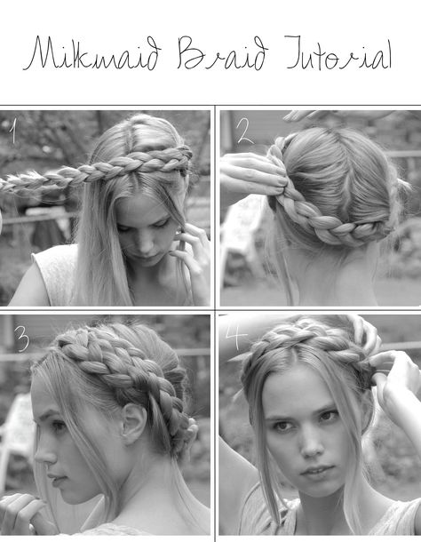 Milk Maid Braids Tutorial, How To Do Milkmaid Braids, Milkmaid Braid Aesthetic, Easy Milkmaid Braid, Milkmade Braids, Milkmaid Braids Tutorial, Medieval Hairstyles Tutorial, Milkmaid Hairstyles, Milkmaid Hair