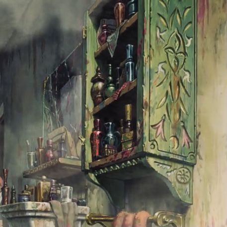 Howl's Bathroom, Howls Moving Castle Bedroom Aesthetic, Howls Bedroom Aesthetic, Howls Moving Castle Bedroom, Ghibli Living Room, Howl Aesthetic, Howls Bedroom, Art Studio Ghibli, 하울의 움직이는 성