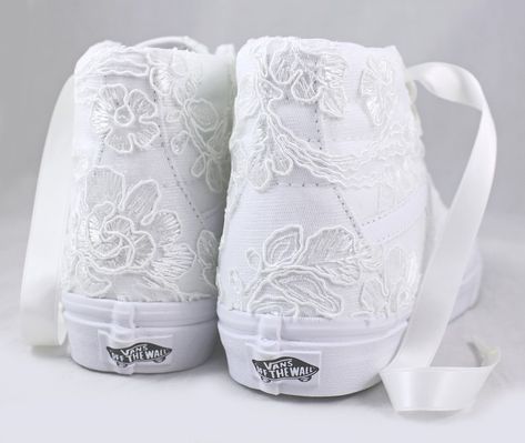 Ivory Lace Bridal Vans Sk8-hi Floral Lace lace Vans - Etsy Bridal Vans, Lace Vans, Wedding Tennis Shoes, Wedding Sneakers For Bride, Ribbon Shoe Laces, Wedding Vans, Bridal Converse, Bridal Sneakers, White High Top Converse