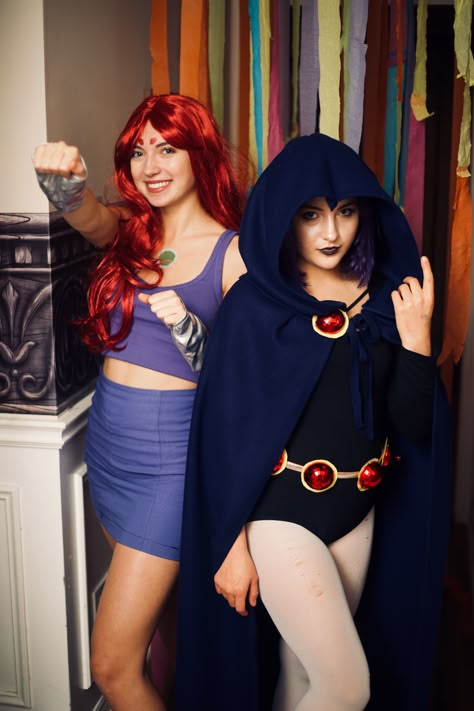 Star Fire Raven Costume, Raven And Starfire Costume Couple, Duo Halloween Costumes Raven And Starfire, Raven Star Fire Costumes, Raven And Starfire Halloween Costumes Kids, Red Head Brunette Duo Costumes, Woman's Costume Ideas, Hot Cartoon Character Costume, Raven And Starfire Cosplay