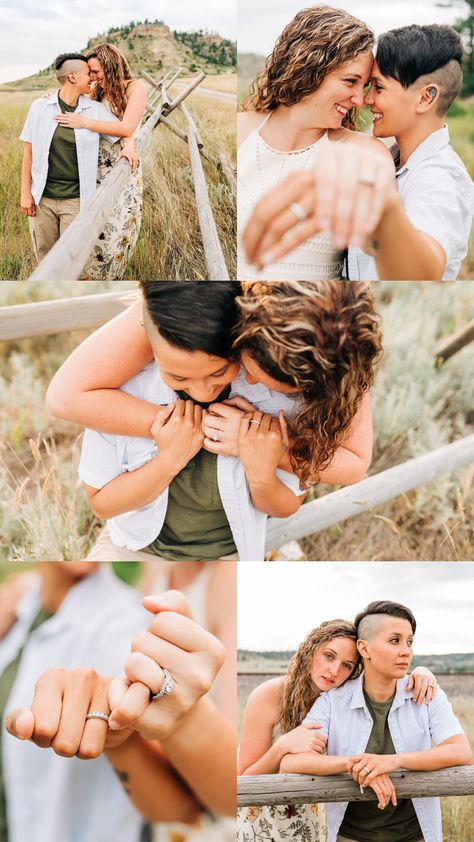 Must Have Engagement Poses, Engagement Photos 2 Women, Engagement Photos Two Women, Rustic Lesbian Wedding, Engagement Photos Lesbian Outfits, Engagement Photoshoot Ideas Lesbian Couple, Lesbian Wedding Photoshoot Photo Ideas, Lesbian Couple Engagement Shoot, Lesbian Engagement Photoshoot Ideas