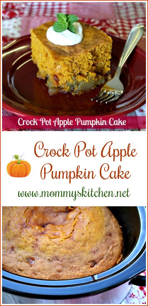 Crock Pot Apple Pumpkin Cake by Mommy's Kitchen. If you like apples  and pumpkin  you're going to love this Simple Crock Pot Apple Pumpkin Cake. This fall cake has an apple pie filling bottom, topped with a moist pumpkin flavored cake!!! #pumpkin #apples #crockpot #fall #ismellfall Pumpkin Spice Dump Cake, Spice Dump Cake, Crock Pot Pumpkin, Pumpkin Sweets, Crockpot Desserts, Work Snacks, Pumpkin Crockpot, Crockpot Side Dishes, Heavenly Recipes