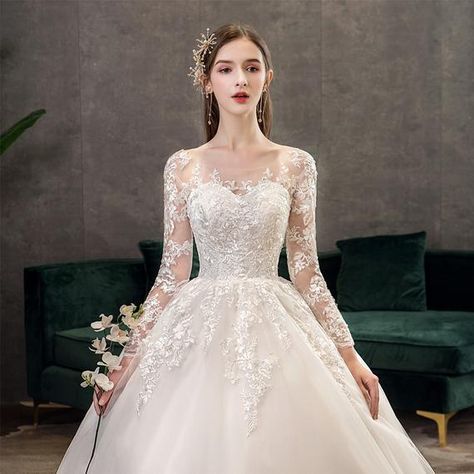 2021 Long Sleeve Ball Gown Wedding Dresses Lace Appliques | Etsy Wedding Dress Cathedral Train, Lace Princess Wedding Dresses, Wedding Dress Backs, Wedding Dresses Ball Gown, Cathedral Train, Dresses Ball Gown, Wedding Dress Fabrics, Lace Bridal Gown, Sleeve Wedding Dress