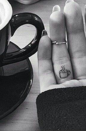 Coffee Cup Tattoo, Tiny Finger Tattoos, Cup Tattoo, Tattoo Tiny, Small Finger Tattoos, Finger Tats, Coffee Tattoos, Disney Tattoo, Finger Tattoo