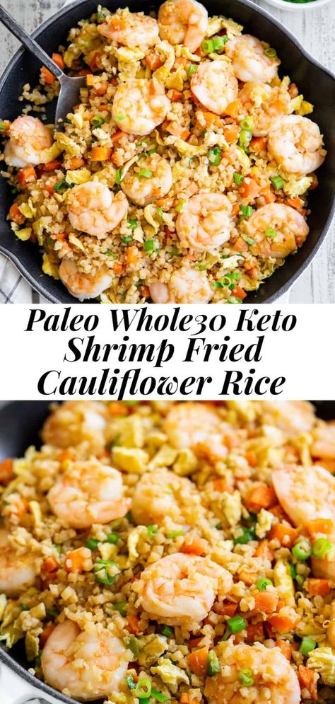 This shrimp fried cauliflower rice tastes just like the real thing (maybe better!) but it’s healthier and easy to make at home!  Loaded with flavor, protein, veggies and healthy fats, it makes a great weeknight meal that everyone will love - even the picky kiddos!  Paleo, Whole30 compliant, and keto friendly. #keto #paleo #cleaneating #whole30 Shrimp Fried Cauliflower Rice, Cauliflower Rice Paleo, Fried Cauliflower Rice, Protein Veggies, Whole30 Dinner Recipes, Whole30 Keto, Whole30 Dinners, Cauliflower Rice Recipes, Cauliflower Fried Rice