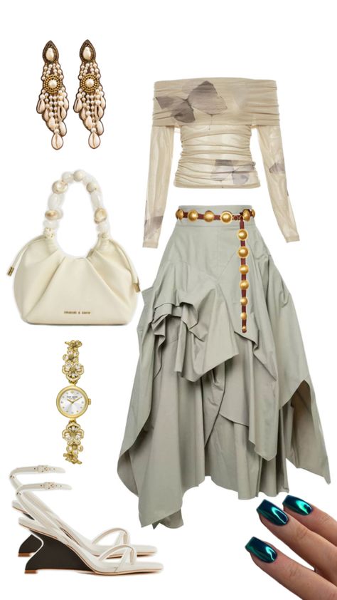 A soft off the shoulder long sleeve sheer cream shirt paired with a beautiful asymmetrical and flowy long green skirt, cream colored wedges and a matching cream colored handbag with beaded handle, dangling seashell earrings, a brown and gold extended belt, a gold watch, and dark green chrome nails. Dark Green Chrome Nails, Green Chrome Nails, Long Green Skirt, Green Queen, Colorful Handbags, Green Chrome, Seashell Earrings, Cream Shirt, Outfit Collage