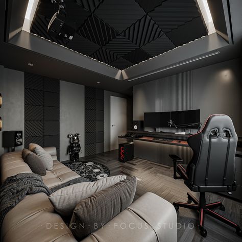 Bedroom Studio Aesthetic, Home Studio Interior Design, Interior Design Game Room, Gaming Studio Design, Home Studio Inspiration, Gaming Studio Room, Music Studio Inspiration, Recording Room Design, Editing Room Design