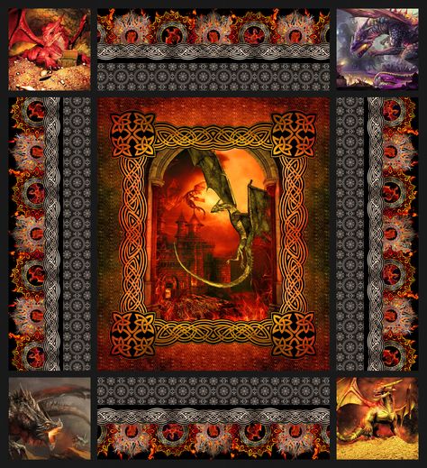 Fantasy Quilt Patterns, Dungeons And Dragons Quilt Patterns, Quilts Made With Panels, Dragon Quilt Pattern Free, Dragon Quilt Pattern, Dragon Quilts Ideas, Wolf Panel Quilt Patterns, Fantasy Quilt, Dragon Panel Quilt Ideas