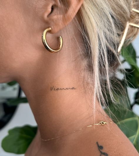 Tattoos For People Who Love Music, Slow Down Youre Doing Fine Tattoo, Light Ink Tattoo, Vienna Song Tattoo, Fine Line Tattoo Behind Ear, Cursive Back Tattoo, Neck Word Tattoo, She Tattoo, Behind Neck Tattoo Woman