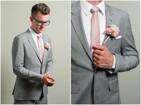 Groom in gray suit and blush tie portrait | Oak Hills Utah Dusty Rose and Gray Summer Wedding | Jessie and Dallin Photography #utahwedding #utahsummerwedding #summerwedding #mountainwedding #rockymountainwedding #blushandgraywedding #blushandgray #oakhillsutah #utahweddingvenue Dusty Rose Tie Groomsmen, Grey Suit With Dusty Rose Tie, Groomsmen Attire Dusty Rose, Gray Suit Pink Tie, Gray Suit With Pink Tie, Dusty Rose Groomsmen Attire, Groomsmen Dusty Rose, Dusty Rose Groom, Suits With Pink Ties