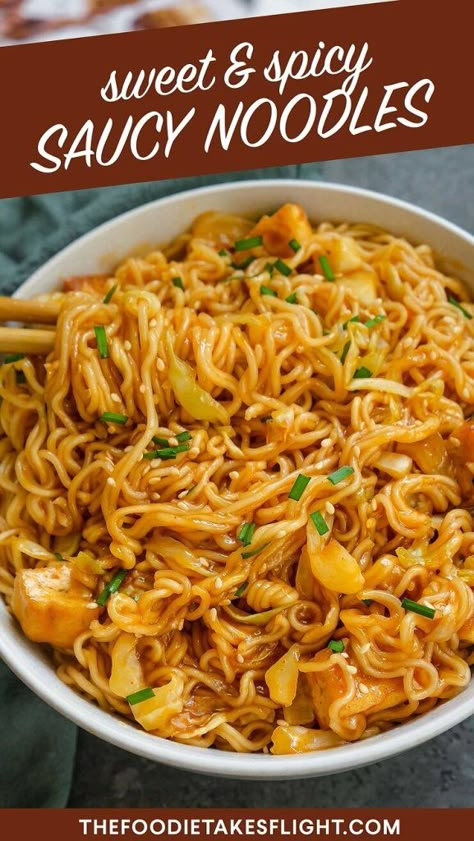 Easy Sweet, Spicy, and Saucy Noodles (Vegan) – The Foodie Takes Flight Spicy Ramen Noodle Recipes, Hoisin Tofu, Saucy Noodles, Ramon Noodles, Chipotle Pasta, Ramen Recipes Easy, Asian Noodle Recipes, Noodle Recipes Easy, Spicy Ramen