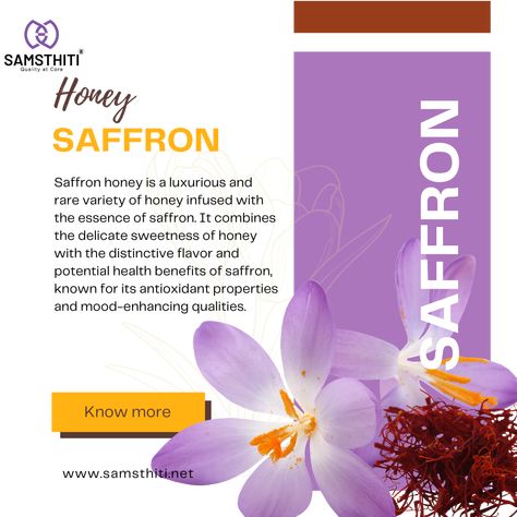 Saffron honey is a rare and exquisite variety of honey made by bees that collect nectar from saffron flowers. It has a rich golden color, distinct floral aroma, and potential health benefits due to its antioxidant properties and unique flavor profile. Saffron Honey, Saffron Flowers, Saffron Benefits, Infused Honey, Saffron Flower, Improve Brain Function, Super Foods, Flavor Profiles, Brain Function