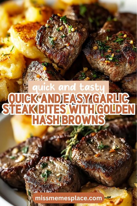 Looking for a quick and easy meal that doesn't skimp on flavor? Try this recipe for Garlic Steak Bites with Golden Hash Browns! In just a matter of minutes, you can savor the tender, juicy steak bites marinated in garlic and served alongside crispy hash browns. This dish is not only simple to prepare, but it also makes for a delightful option for busy weeknights or casual gatherings. Get ready to wow your family and friends with a dish that delivers on taste and satisfaction! Juicy Steak Bites, Garlic Steak Bites, Spicy Ketchup, Garlic Steak, Crispy Hashbrowns, Hashbrown Recipes, Steak Bites, Juicy Steak, Hearty Dinner