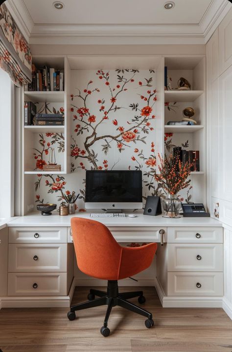 Creative Office Inspiration, Wallpapered Home Office, Small Home Office Designs, Narrow Home Office Ideas, Vintage Home Office Decor, Small Home Office Storage Ideas, Small Work From Home Office, Home Library Office Ideas, Small At Home Office