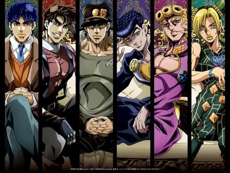 Jjba Group Photo, All Jojos Together, Pesci Jojo, Jjba Wallpaper, Joestar Family, Jojo's Adventure, Video Game Anime, Bizarre Art, Jojo Parts