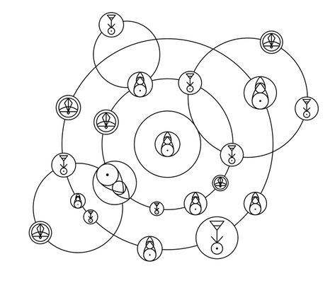 The glyph combo for a teleportation spell is a very complex combination of five ice glyphs, eight plant glyphs, and eight fire glyphs, with varying sizes and placed on multiple different rings. When cast, it teleports anyone and anything on it to another location. First used by Philip Wittebane in "Elsewhere and Elsewhen". The first time it is shown, one of the fire glyphs is oriented diagonally, going down right instead of straight like other glyphs. The second time it is shown, however, the fi Glyph Combos, Owl House Magic, Teleportation Spell, The Boiling Isles, Philip Wittebane, Spell Circle, Magic Symbols, Home Tattoo, The Owl House