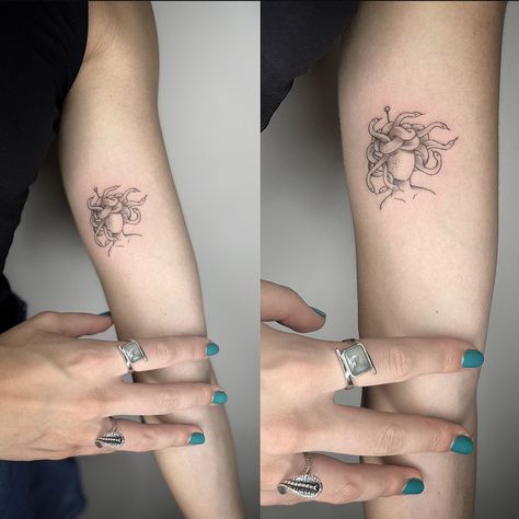 #smalltattoos #medusa #mythology #feminine #fineline Medusa Tattoo Small Hidden, Low Key Medusa Tattoo, Madussa Leg Tattoo, Medusa Related Tattoos, Medusa Tattoo Behind Ear, Matching Medusa Tattoos, Small Tattoos Medusa, Medusa Tattoo Wrist, Mini Medusa Tattoo Simple