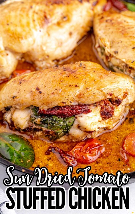 Sun Dried Tomato Stuffed Chicken Breast Tomato Stuffed Chicken, Caprese Stuffed Chicken, Tomato Stuffed, Easy Skillet Dinner, Sundried Tomato Chicken, Orange Chicken Crock Pot, Easy Skillet Chicken, Pesto Spinach, Caprese Recipes