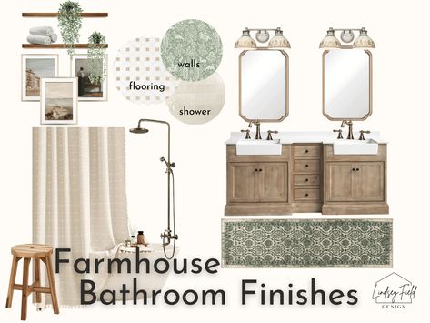 "This Vintage Farmhouse Bathroom Mood Board is the perfect tool for any homeowner looking to create a bathroom that's uniquely their own. This premade mood board featuring vintage farmhouse bathroom finishes will help you envision your dream master bath, guest bath, or powder room, without the hassle and headache  of making design decisions on your own - and without the hefty price tag of hiring a traditional interior designer. I've done the work for you and have selected the hardware, faucets, flooring, vanity, décor and paint colors for your dream bathroom design. All you have to do is click the links in the PDF and shop for the products you want, and then have your builder/handyman install them. This e-design is a professionally-selected package of affordable fixtures and finishes that Farmhouse Mood Board Inspiration, Organic Modern Decor Bathroom, Farmhouse Bathroom Mood Board, Bathroom Mood Board Inspiration, Sage Green Bathroom Decor, Dream Master Bath, Modern Farmhouse Master Bath, Sage Bathroom, Joanna Gaines Bathroom