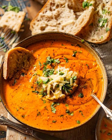 Tomato Gouda Bisque, Roasted Pepper Gouda Soup, Red Pepper Tomato Bisque, Roasted Red Pepper And Gouda Soup Recipe, Gouda Cheese Soup Recipes, Roasted Red Pepper Gouda Bisque, Tomato Gorgonzola Soup, Red Pepper Gouda Bisque, Roasted Red Pepper Soup With Gouda