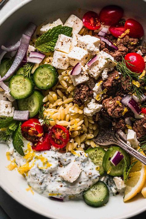 Greek Ground Lamb Recipes, Lamb Tzatziki, Orzo Bowls, Lamb Bowl, Gyro Sandwich, Ground Lamb Recipes, Hummus Bowl, Greek Lamb, Lamb Gyros