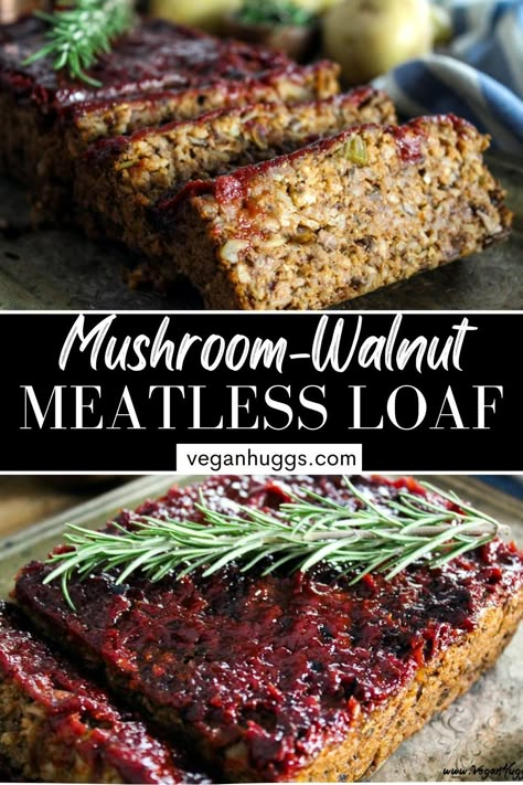 Lentil Walnut Mushroom Loaf, Walnut Meatloaf Vegan, Vegan Nut Loaf, Vegan Mushroom Loaf, Nut Loaf Recipe Vegetarian, Savory Walnut Recipes, Walnut Mushroom Meat, Vegan Loaf Recipes, Walnut Meatloaf