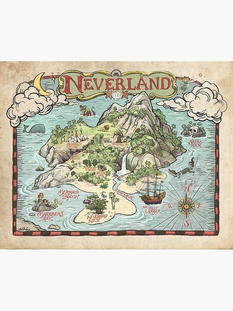 "Neverland Map" Photographic Print by joehox | Redbubble Treasure Map Drawing, Neverland Map, Maps Aesthetic, Fantasy Map Making, J M Barrie, Peter And Wendy, Imaginary Maps, Map Projects, Fantasy World Map