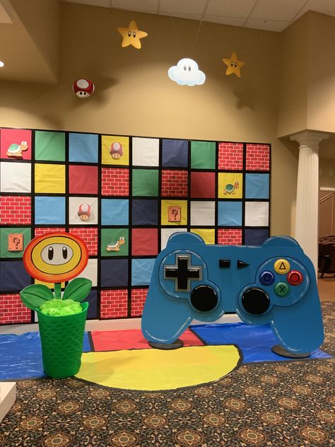 Video Game Backdrop, Arcade Theme Party Decorations, Video Game Homecoming Theme, Video Game Theme Vbs, Level Up School Theme, Video Game Theme Classroom, Arcade Decorations, Video Game Decorations, Arcade Decor