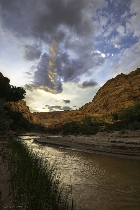 https://flic.kr/p/VUSxJB | Desert River Clouds | Sunset at the end of day 3 backpacking into the Paria Wilderness, now in the middle of the canyon as it begins to widen, and just opposite Shower Spring, Paria Canyon, Arizona. The spring is across the river, and ensconced in a deep thicket of willows, that are themselves rooted in thigh-deep, cold spring water, tumbling into recessed alcoves as the delicious moisture sheets from a crevice and down the rocks of the canyon walls. Standing in the de Desert River, Rain In The Desert, Enchanted River, Paria Canyon, Inspirational Backgrounds, Rivers In The Desert, Desert Aerial View, Canyon River, Valley River