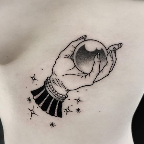 Tattoo uploaded by O Tattoo Studio • Tattoo by Léa Joyeux aka starseed ink #LeaJoyeux #starseedink #illustrative #neotraditional #crystalball #hand #sparkle • 1521746 • Tattoodo Hand Holding Crystal Ball Tattoo, Hand Holding Crystal Ball, Hand Holding Tattoo, Crystal Ball Tattoo, Work Doodles, Ball Tattoo, Witch Hands, Studio Tattoo, O Tattoo