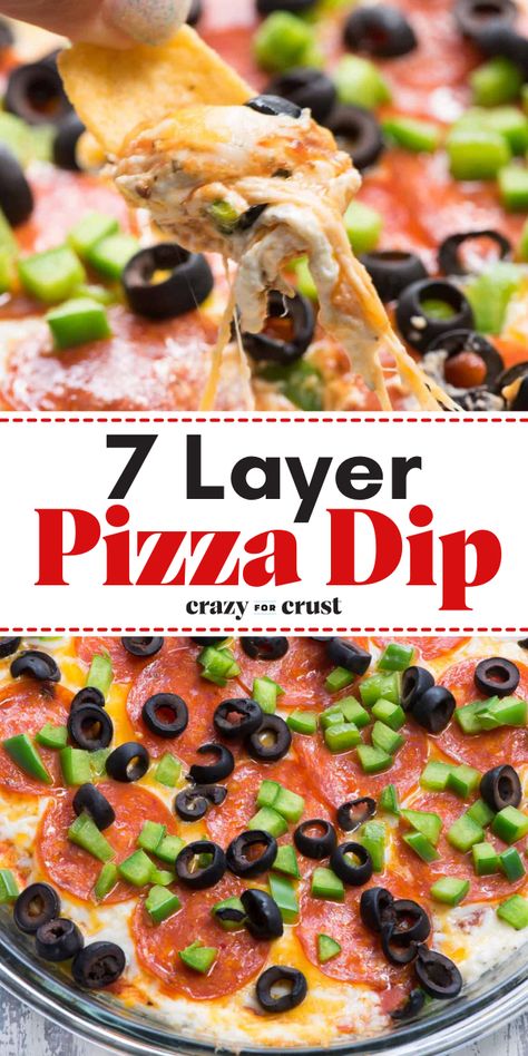 This delicious game day recipe lets you have the BEST 7 Layer Pizza Dip! With a combo of cream cheese, cheeses, sauce, and toppings, this layered pizza dip is a perfect party snack food. Save this easy appetizer recipe for party! Hot Dips For Parties Appetizers, Hot Pizza Dip, Savory Dips, Layered Dip Recipes, 7 Layer Dip, Hot Pizza, Seven Layer Dip, Pizza Dip, Crazy For Crust