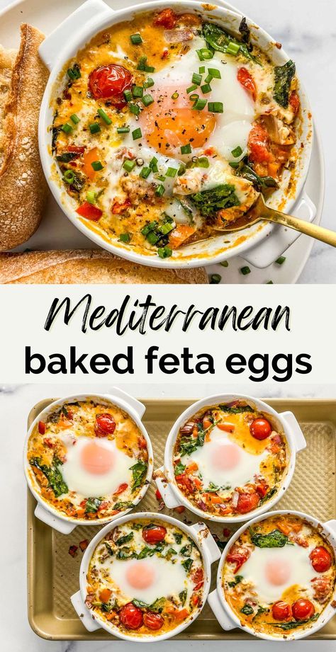 These wonderful baked feta eggs with tomatoes and spinach are a delightful breakfast or brunch recipe. Baked Eggs With Tomato And Feta, One Pot Breakfast Recipes, Feta Cheese Breakfast Recipes, Hashbrowns Breakfast Ideas, High Protein Veg Breakfast, Mediterranean Feta Egg Bake, Mediterranean Egg Bake, Keto Egg Recipes Breakfast, Fast Mediterranean Recipes