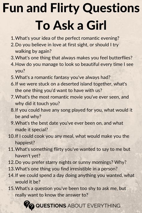 fun and flirty questions to ask a girl How To Flirt With Girls As A Girl, Flirty Questions To Ask Your Girlfriend, Flirty Questions To Ask A Girl, How To Ask A Girl To Be Your Girlfriend, T Or D Questions, Things To Ask Your Crush, Women Who Cheat, How To Be Flirty, Flirty Chats