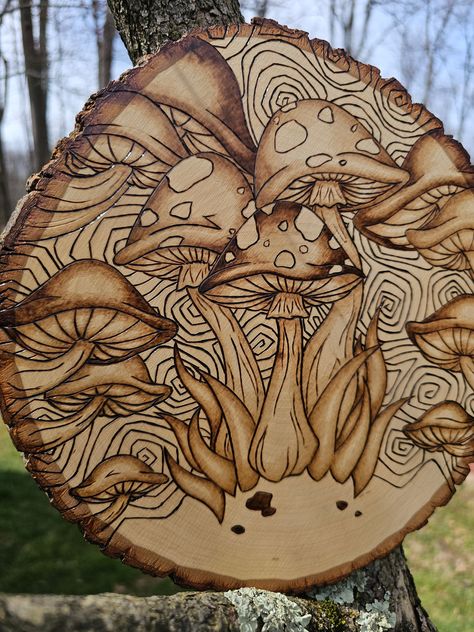 Handmade wood burned basswood plaque with original Mushroom art 10"x9.5" includes wall hanger (Colors may vary from listing photos)