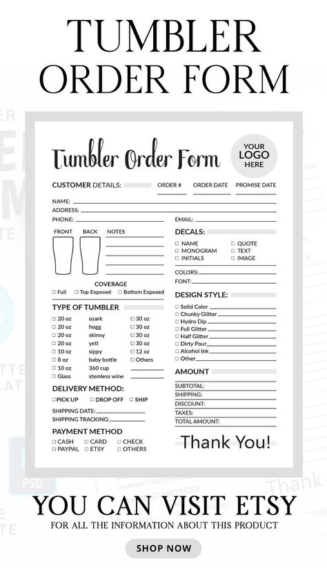 Tumbler Order Form Templates Tumbler Order Form Template Free, Minimalist Tumbler, Tumbler Order Form, Small Business Forms, Diy Vinyl Projects, Purchase Order Template, Glass Tumbler Design, Order Tracker, Purchase Order Form