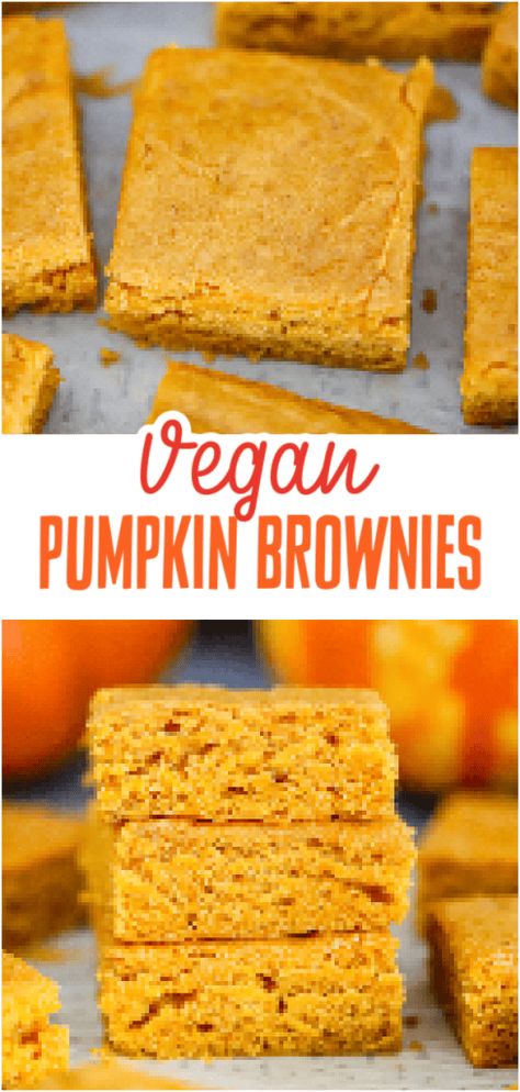 Easiest Vegan Pumpkin Brownies - Daily Vegan Meal Vegan Pumpkin Blondies Recipe, Vegan Dump And Go, Vegan Pumpkin Blondies, Pumpkin Vegan Desserts, Vegan Pumpkin Dessert Recipes, Dairy Free Pumpkin Dessert, Vegan Pumpkin Dessert, Easy Vegan Bread, Pumpkin Cookies Vegan