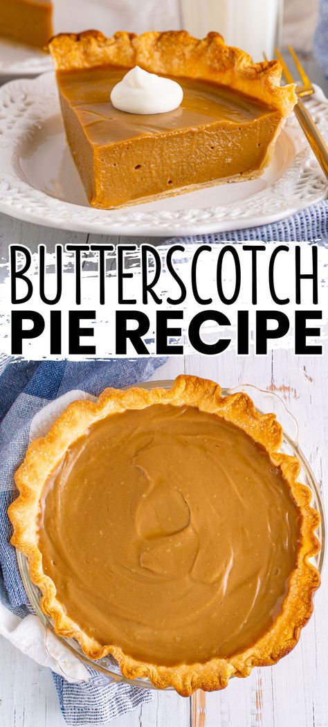 Butterscotch Pie is a timeless dessert full of buttery, caramel flavors that make the perfect finish to any holiday or weeknight meal! #BreadBoozeBacon #butterscotch #pie #butterscotchpudding #dessert #thanksgiving #holidays Butterscotch Custard Pie, Amish Butterscotch Pie, Old Fashioned Butterscotch Pie, Dolly Parton Butterscotch Pie, Butterscotch Pudding Pie Jello, Easy Fall Pie Recipes, Butterscotch Dessert Recipes, Peanut Butter Custard Pie, Butterscotch Lush Dessert