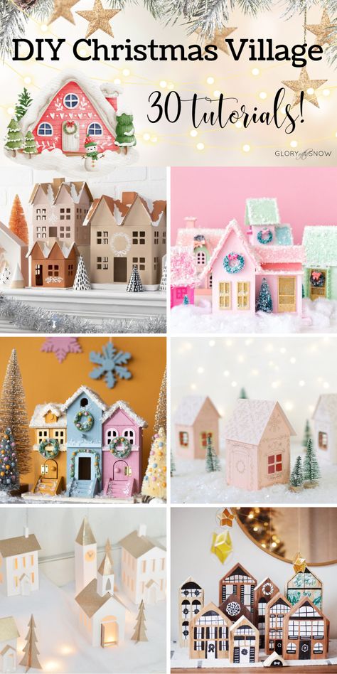 Christmas Putz Houses Diy, Diy Christmas Glitter House, Glitter Houses Christmas Diy, How To Make Cardboard Houses Christmas Villages, Diy Cardboard House Christmas Villages, Xmas Village Diy Cardboard Houses, Christmas Decoration Display, Felt Christmas Village Pattern, Sizzix Paper Village