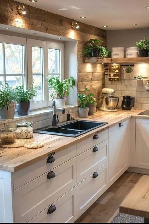 Small Cottage Kitchen, Farmhouse Kitchen Design, Scandinavian Kitchen, Kitchen Layout, Design Case, Kitchen Style, Rustic Kitchen, Country Kitchen, Home Decor Kitchen