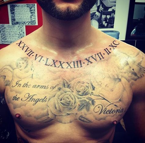 #romannumerals Chest Tattoo Men Ideas, Tattoo Men Ideas, Powerful Tattoos, Acab Tattoo, Eagle Chest Tattoo, Natur Tattoo Arm, Blessed Tattoos, Loyalty Tattoo, Full Chest Tattoos