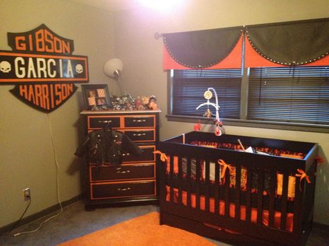 Harley baby room.  What you can't see is the tool bench we used for a changing table. Harley Davidson Nursery, Harley Davidson Baby Shower, Motorcycle Nursery, Harley Baby, Harley Davidson Baby, Boy Nursery Themes, Baby Boy Nursery Themes, Halloween Coustumes, Tool Bench