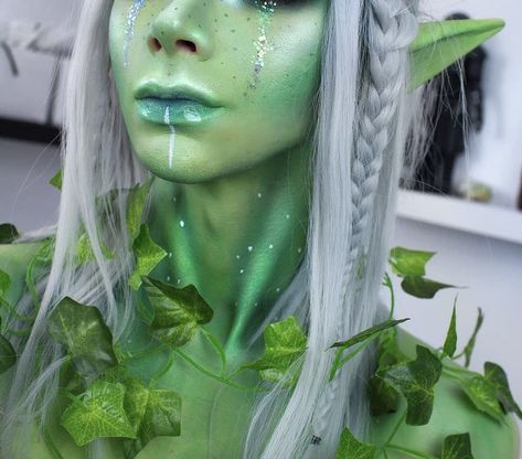 Elemental People, Greek Mythology Makeup, Nymph Makeup, Goblin Costume, Green Fairy, Fantasy Makeup, Larp, Body Painting, Halloween Makeup