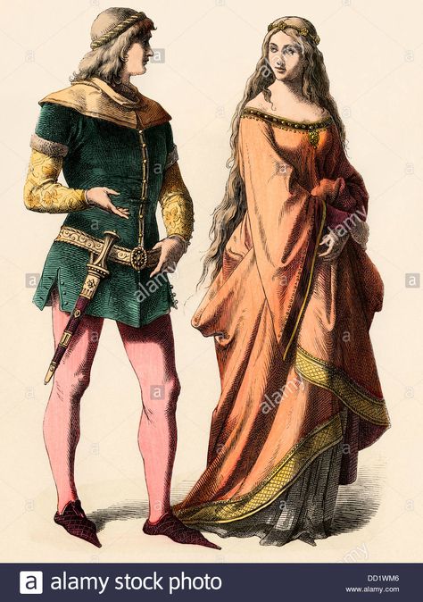 German knight and a lady, 1300s Stock Photo, Royalty Free Image: 59663750 - Alamy 14th Century Fashion, 14th Century Clothing, Middle Ages Clothing, Medieval Archery, Medieval Dresses, German Costume, Aged Clothing, Medieval Clothes, Century Dress