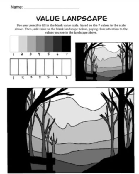 Shading And Value Worksheet, Value Art Element, Value Elements Of Design, Value Scale Art Projects, How To Teach Value In Art, Value Lessons In Art Elementary, Value Scale Worksheet, Form And Value Art Project, Monochromatic Art Projects