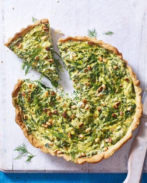 Spinach, ricotta, pine nut and dill tart recipe | delicious. magazine Spinach And Ricotta Tart, Vegetarian Pies, Spinach And Ricotta Lasagne, Tart Recipes Savory, Spinach Tart, Savoury Pies, Crunchy Salad, Spinach Ricotta, Pine Nut